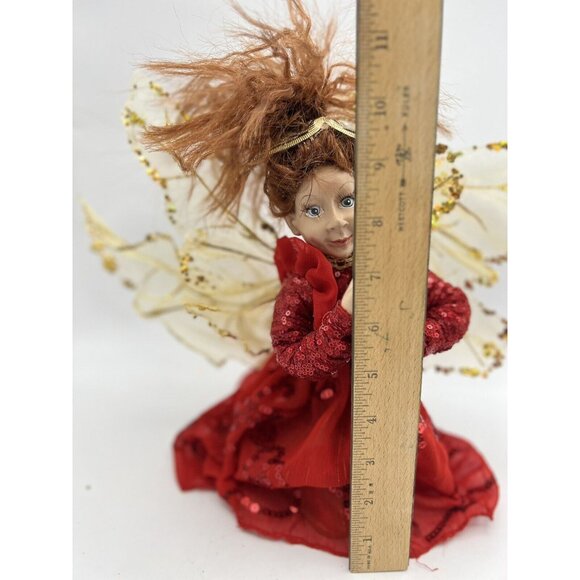 Elf Figurine Red Dress Gold Wings Fairy Pixie Fantasy Signed 12"  Real Eye lashe - Picture 5 of 16